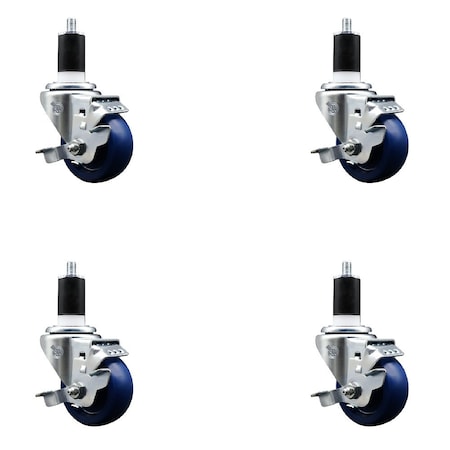 Service Caster 3'' SS Solid Poly Swivel 1-1/2'' Expanding Stem Caster Set with Brake, 4PK SCC-SSEX20S314-SPUS-TLB-112-4